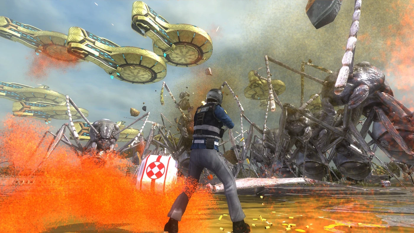 地上のレンジャーが巨大な敵に対峙する公式画面。実プレイ記録や性能測定ではない
