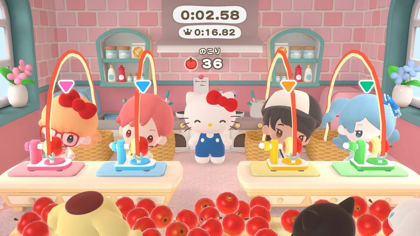 ハローキティのくるくるスピーディピーラーの開発中画面。アバターとキャラクターで遊ぶ例で、実プレイの評価ではない