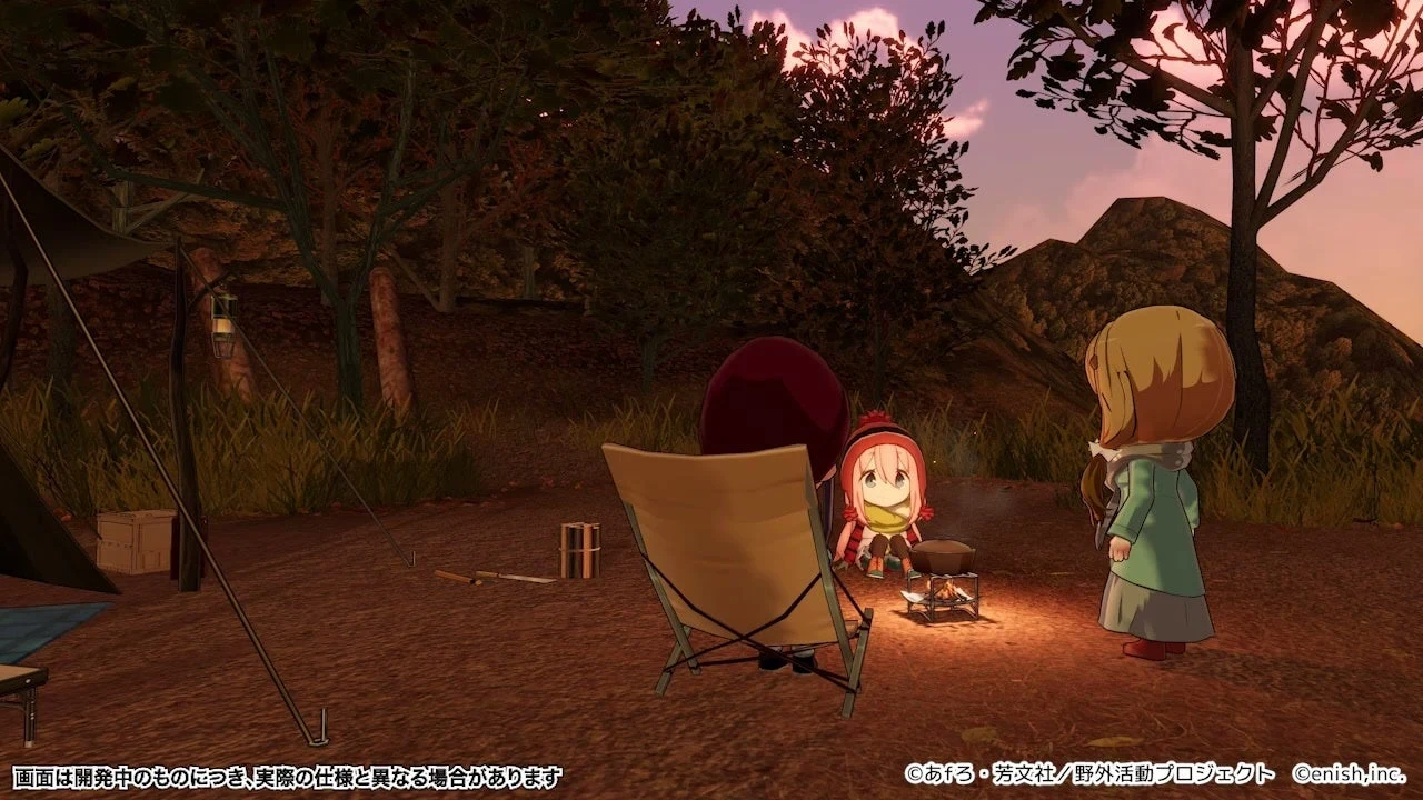 鍋を囲む夕方のキャンプ。公式ゲーム画面です。