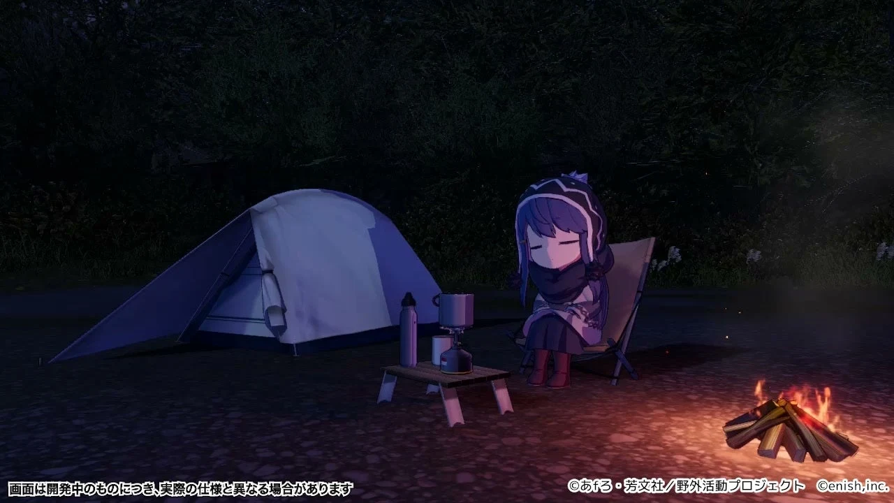 焚き火とテントの夜景。公式ゲーム画面です。